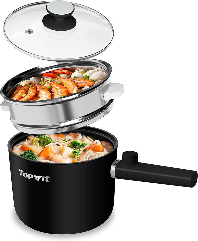 TopWit Hot Pot Electric with Steamer, 1.5L Ramen Cooker, Non-Stick Sauté Pan, Portable Cooking Pot, Electric Cooker with Dual Power Control, BPA Free, Over-Heating & Boil Dry Protection, Black - Image 1